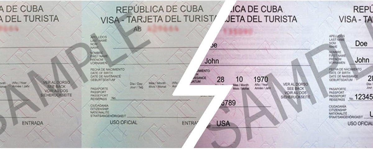 Two Cuban Visa's in one photo separated by a white line. Green Visa and Pink Visa