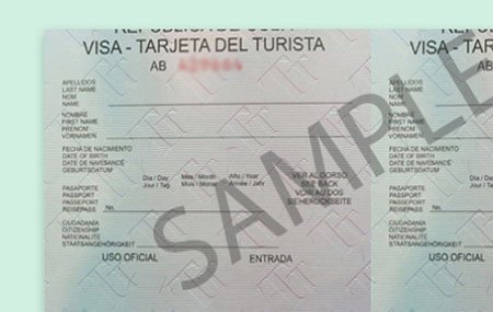 A sample Cuban Visa with watermark and green background