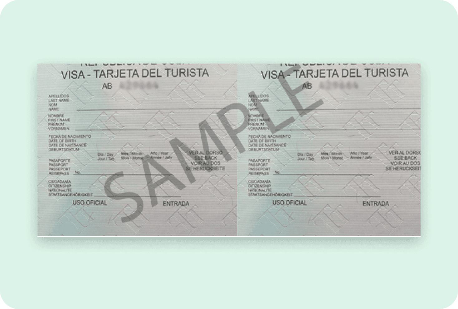 Example of a green visa card for travel authorization to Cuba - Cuba Visa