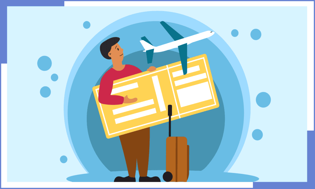 A logo with icon of a man holding a big yellow card with his luggage