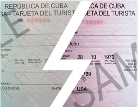 Two Cuban Visa's in one photo separated by a white line. Green Visa and Pink Visa