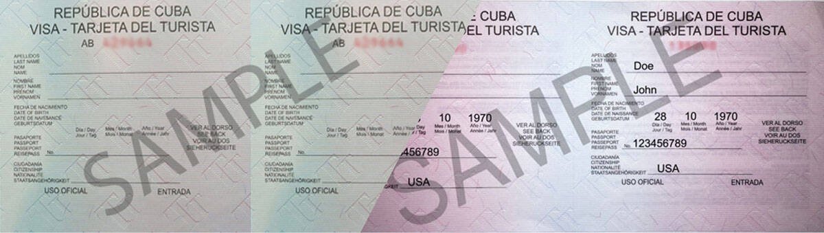 Two Cuban Visa's in one photo separated by a white line. Green Visa and Pink Visa