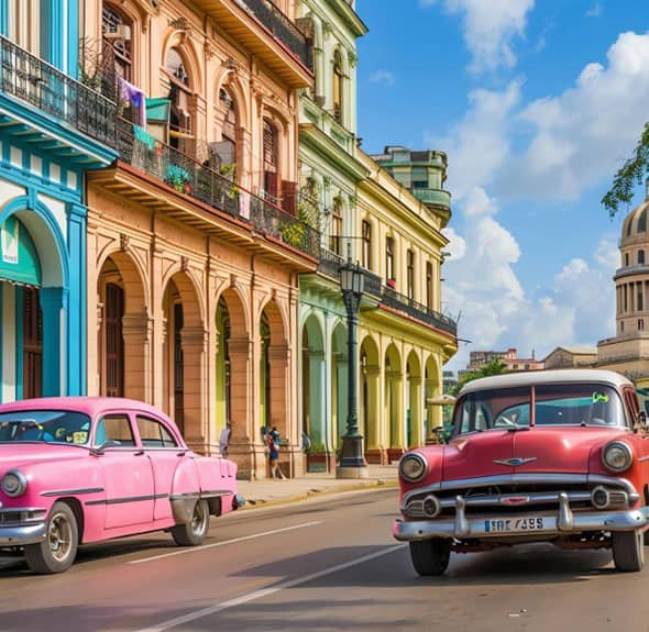 very colorful buildings and cars on Cuban street