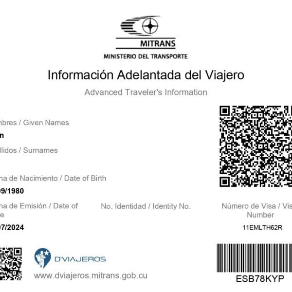Example of an eVisa document for travel authorization to Cuba - Cuba Visa