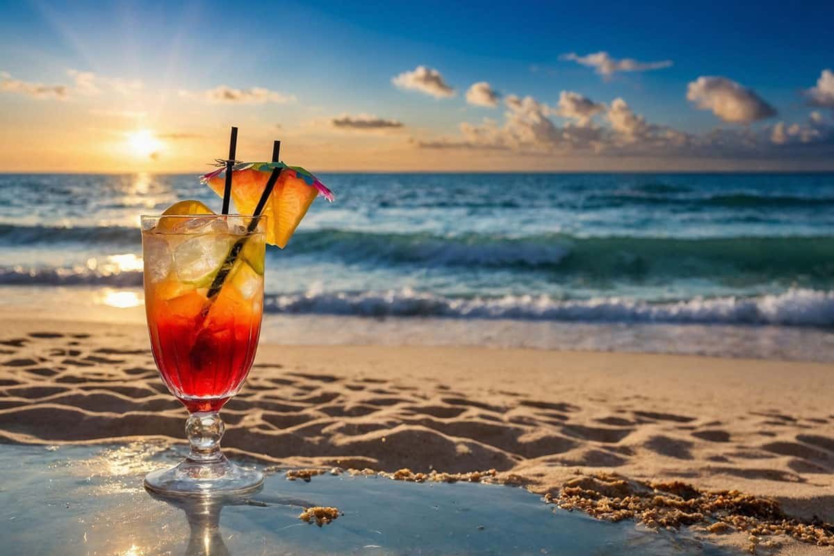Fruity drink on the beach while watching the sunset in Cuba