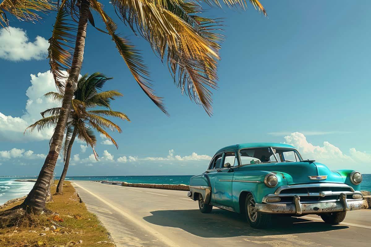 old blue chevy driving the coastal road in Cuba - dviajeros