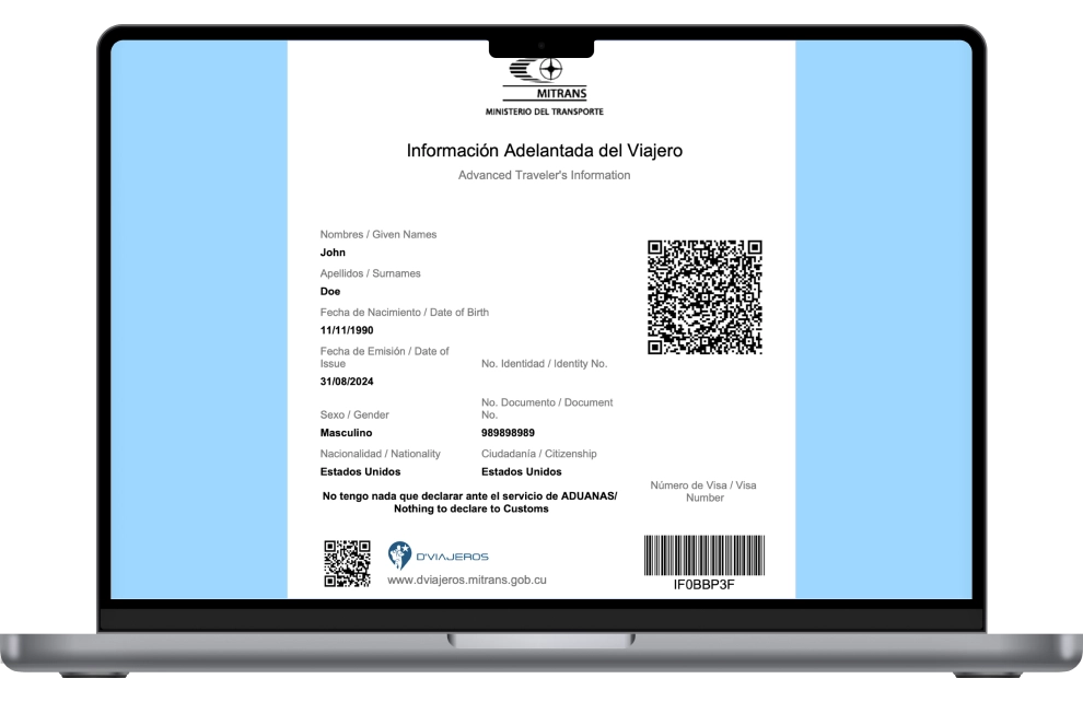 Example of an eVisa document for travel authorization to Cuba - Cuba Visa